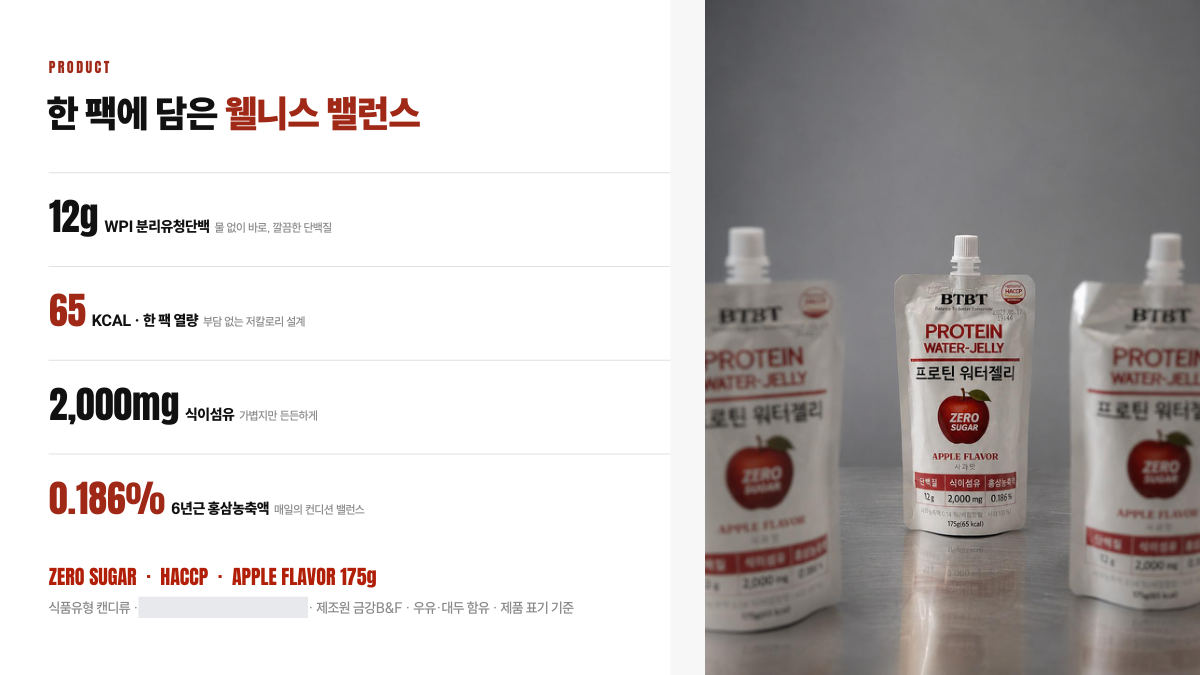 BTBT 입점제안서 제품 장, 단백질 12g과 65kcal, 식이섬유 2,000mg을 한 팩 기준으로 정리한 구성