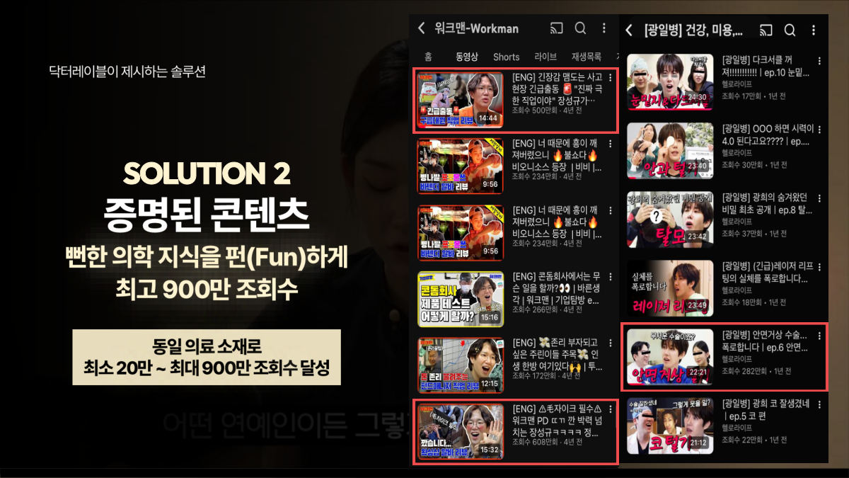 닥터레이블 소개서 7장, 증명된 콘텐츠 문구 옆에 실제 유튜브 채널 화면 캡처를 배치한 페이지