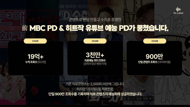 닥터레이블 회사소개서 21장 중 첫 장의 숫자, 문제 정리, 해결 두 장으로 이어지는 페이지 흐름 GIF
