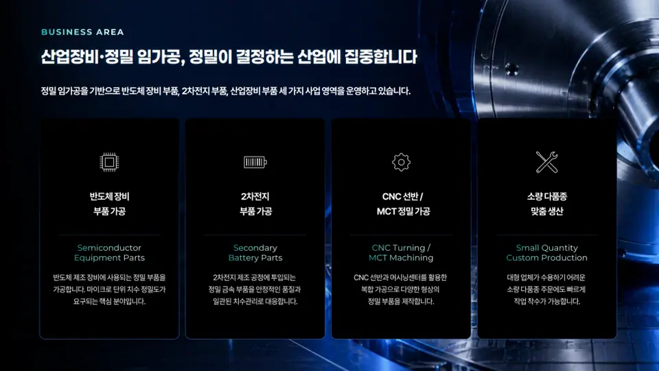 에디북스 실제 작업물 중 정밀가공 제조 회사 소개서 일부입니다.