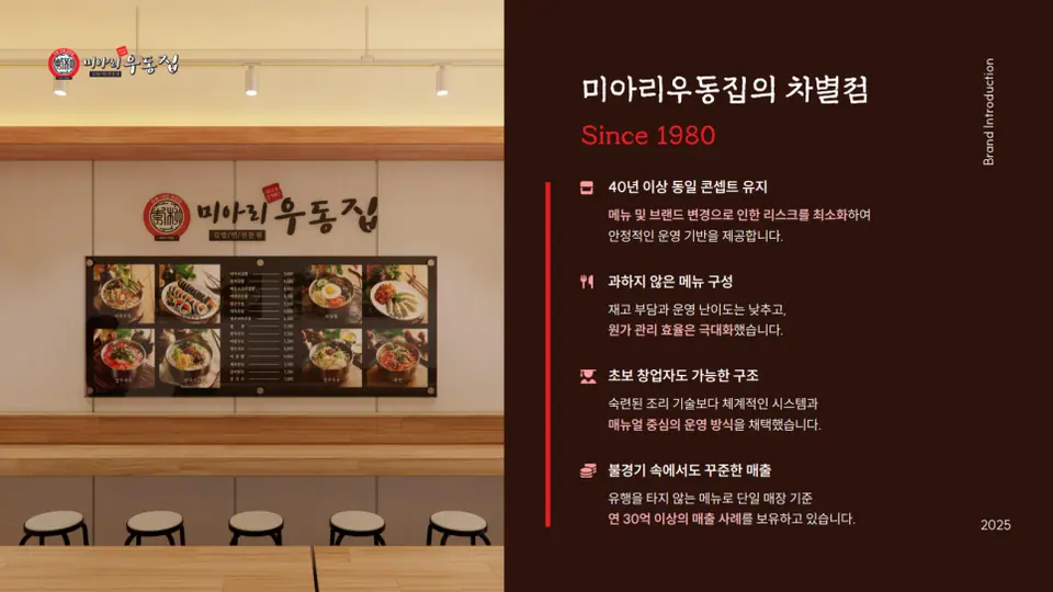 에디북스 실제 작업물 중 외식 브랜드 소개서 일부입니다.